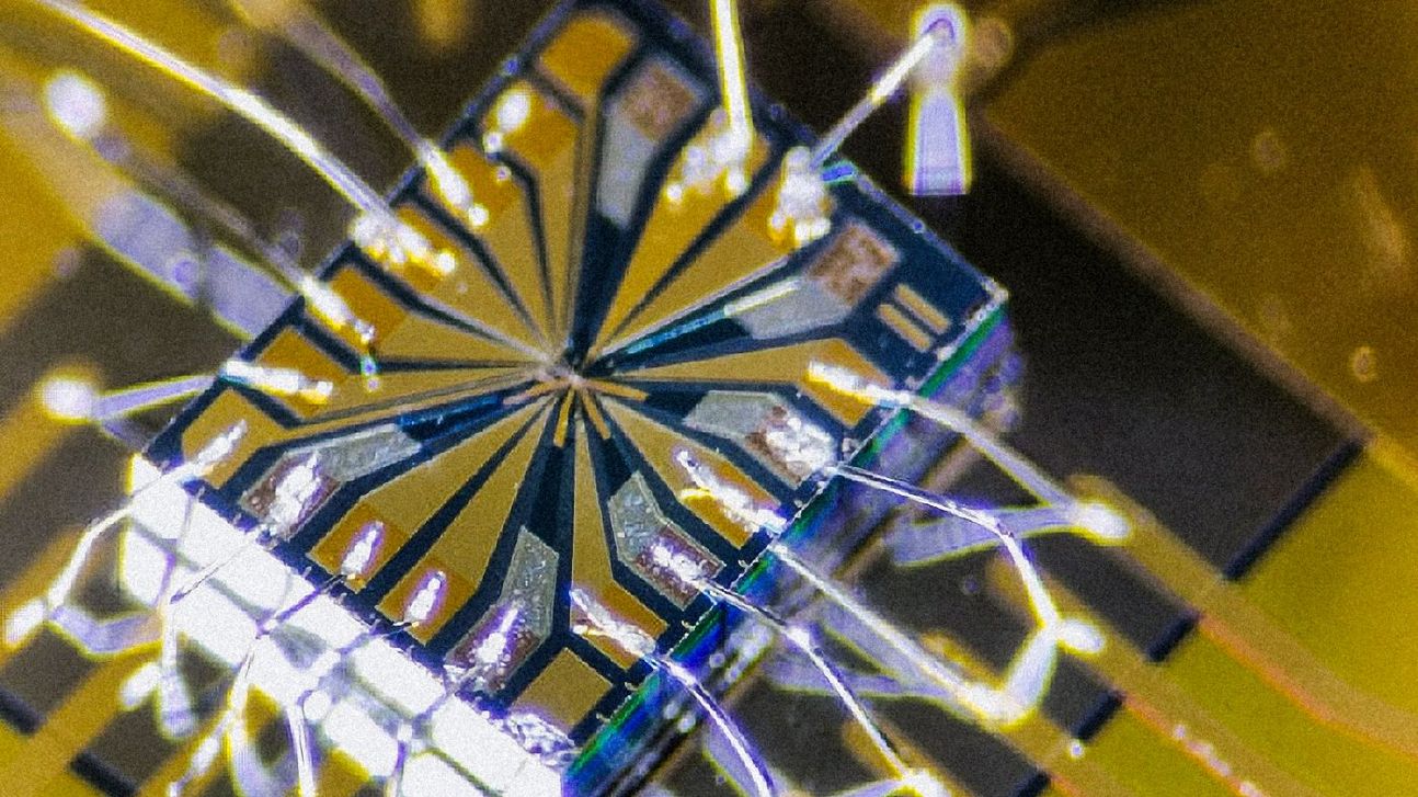 Close-up of a computer chip with integrated circuits.