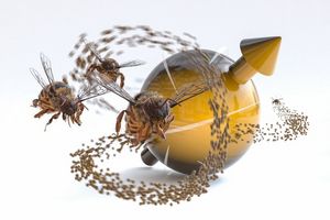 Illustration of bees flying around quantum.