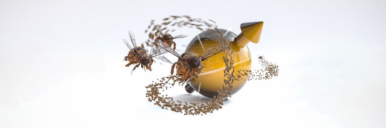 Illustration of bees flying around quantum.