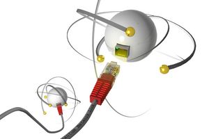 Graphic representation of a network plug. Around it fly stylized quanta.