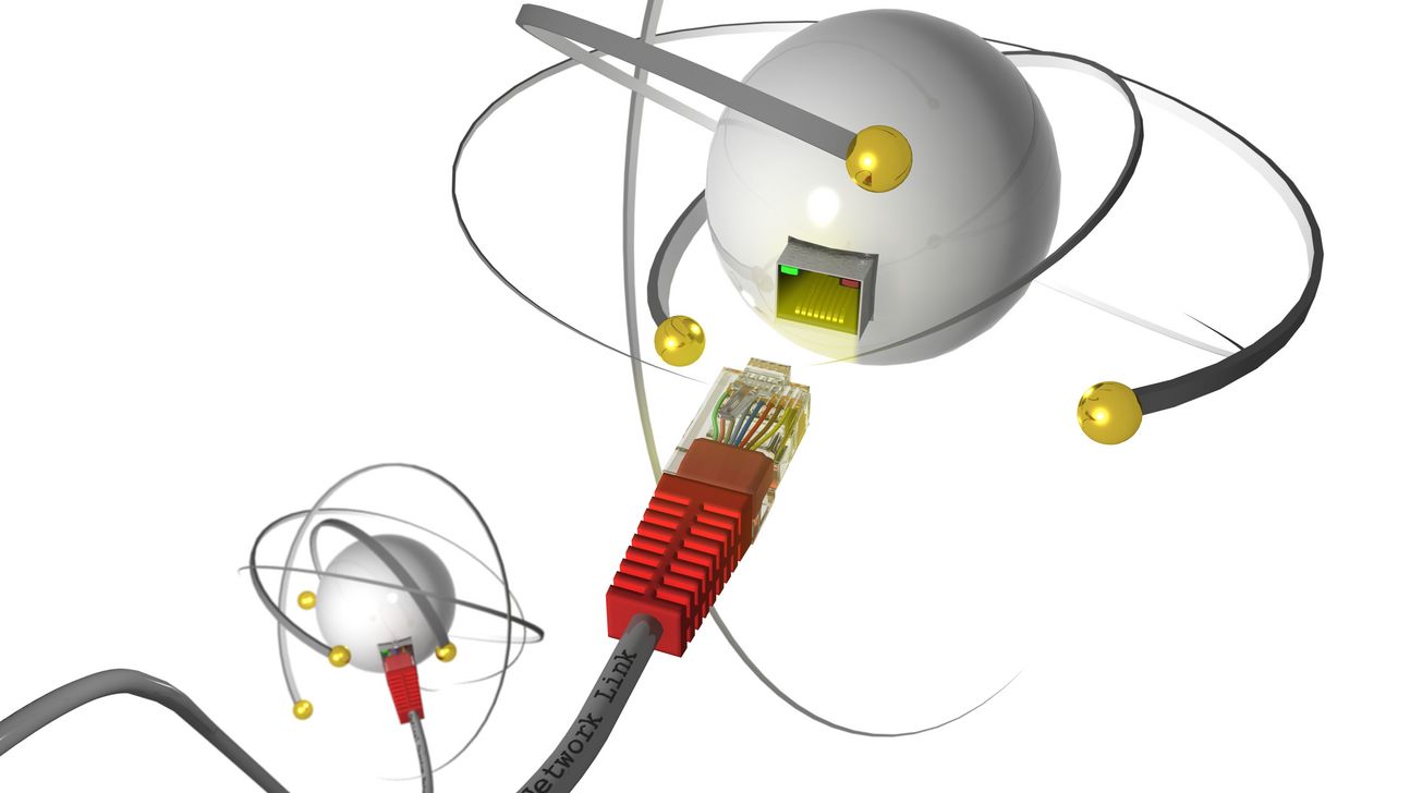 Grafische Darstellung eines Netzwerksteckers. Darum herum fliegen stilisierten Quanten.