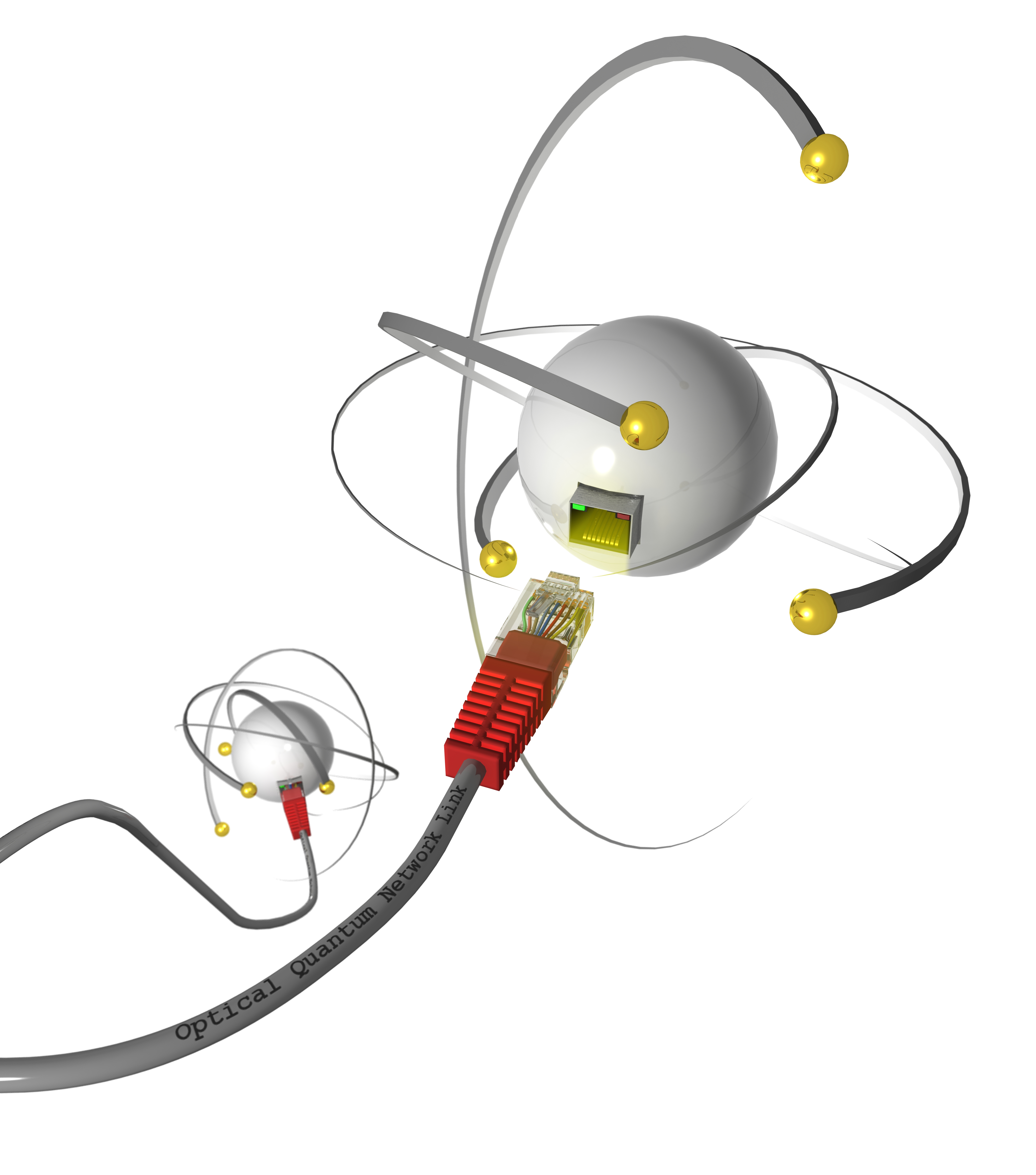Grafische Darstellung eines Netzwerksteckers. Darum herum fliegen stilisierten Quanten.