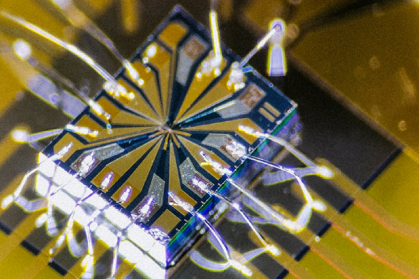 Close-up of a computer chip with integrated circuits.